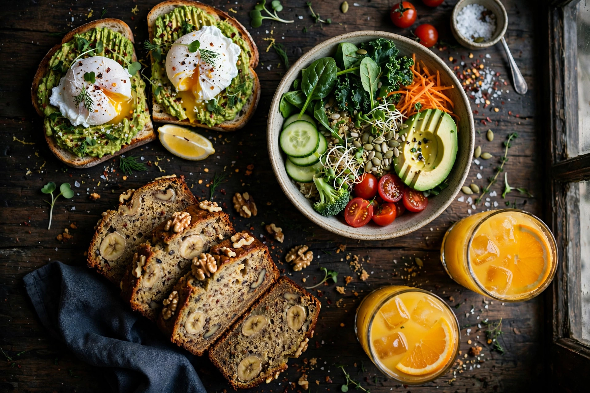 All-day breakfast spread with avocado toast, nourish bowl and banana bread