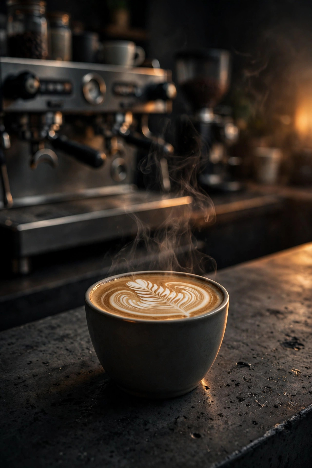 Flat white with latte art on a dark laneway counter