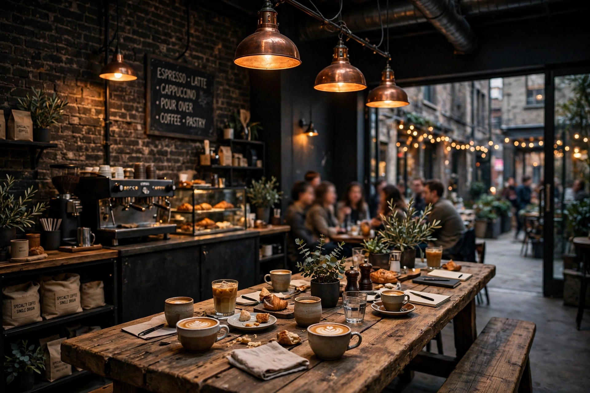 Warm industrial-chic cafe interior in the Parap laneway